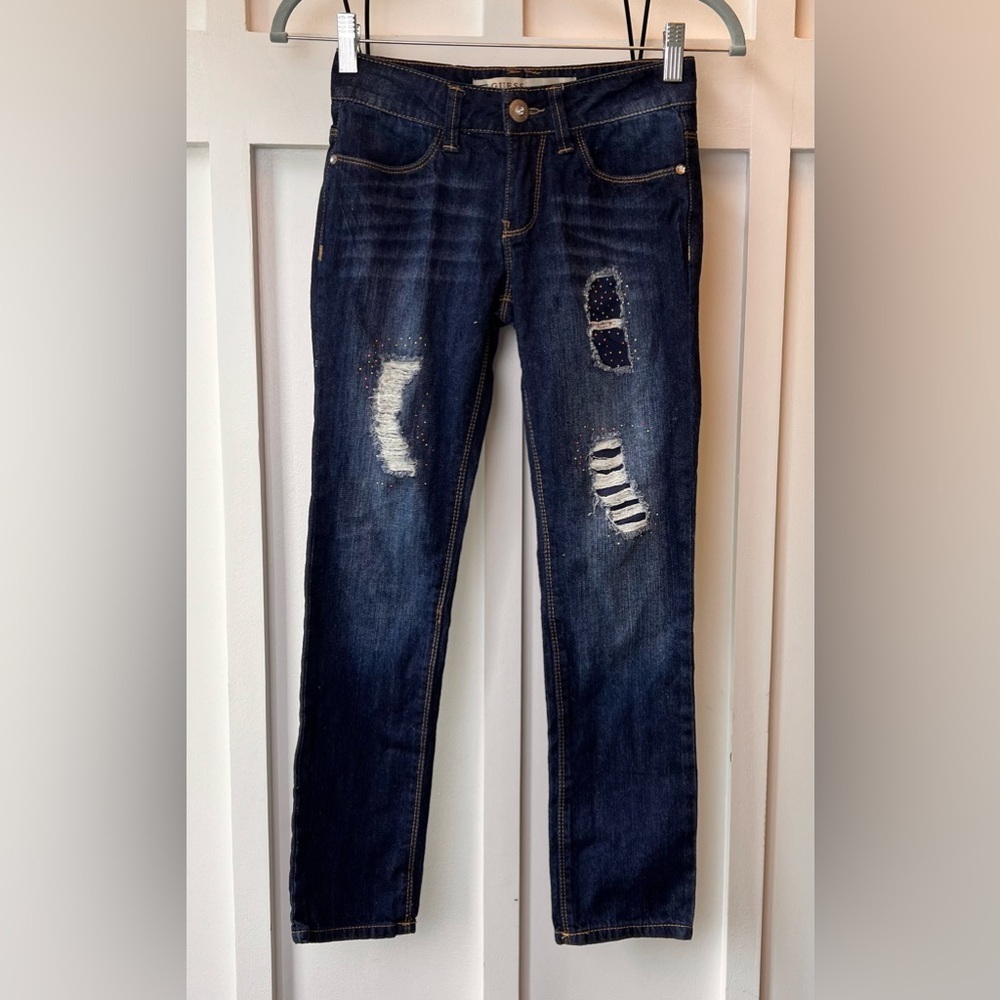 Guess Girls Sz 10 Distressed Glitter Bling Rhinestone Skinny Low Rise Blue Jeans